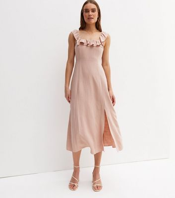 Pale Pink Linen-Look Frill Square Neck Midi Dress | New Look