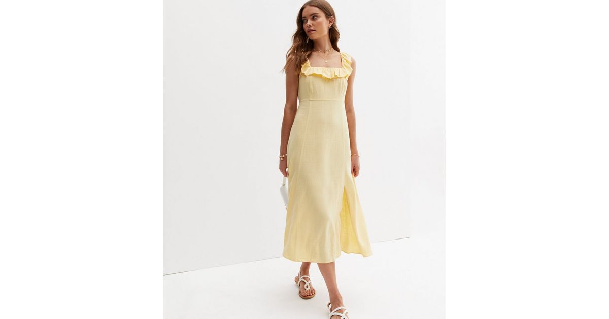 Pale Yellow Linen-Look Frill Square Neck Midi Dress | New Look