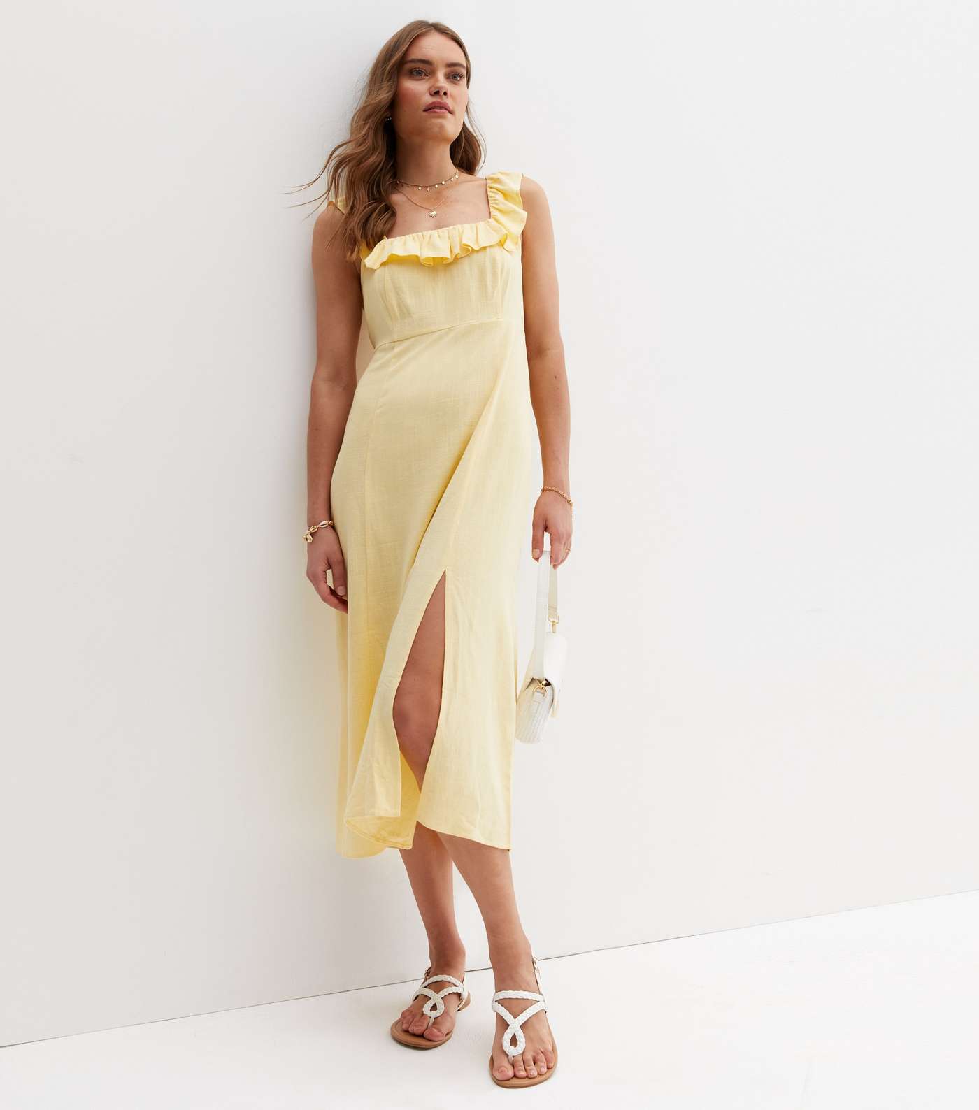 Pale Yellow Linen-Look Frill Square Neck Midi Dress Image 2
