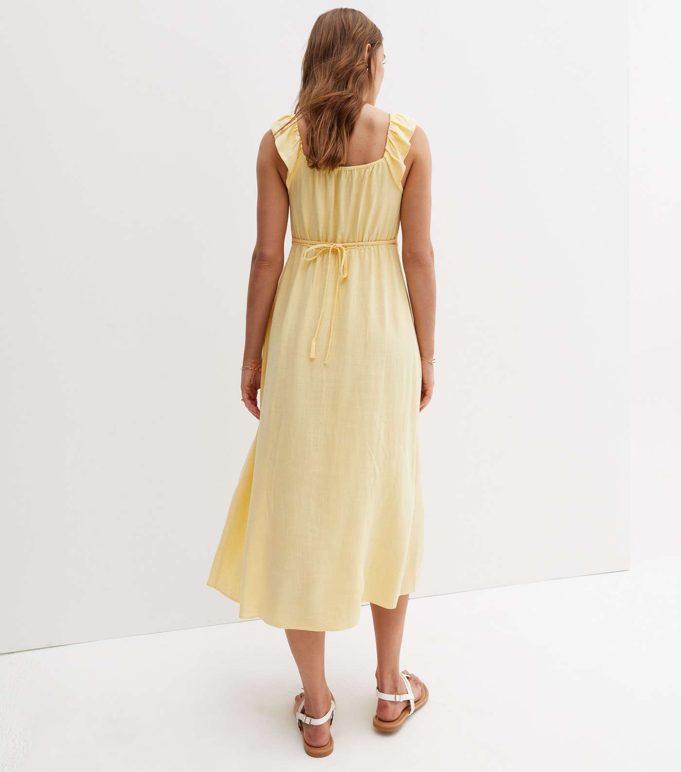 Pale Yellow Linen-Look Frill Square Neck Midi Dress Image 4