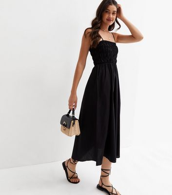 Black Poplin Shirred Square Neck Strappy Midi Dress