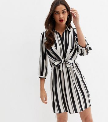 White Stripe Satin Tie Front Mini Shirt Dress