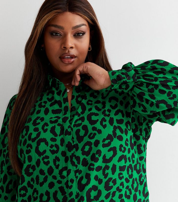 Curves Green Leopard Print Long Shirt | New Look