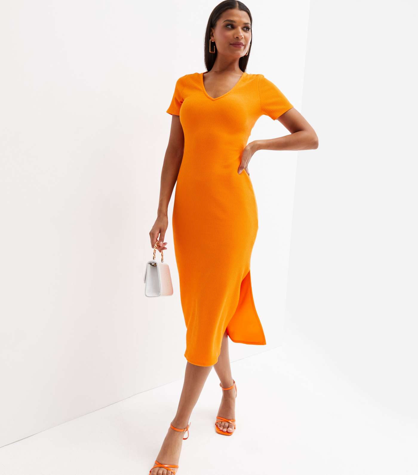 Orange Textured Ribbed Open Back Midi Bodycon Dress