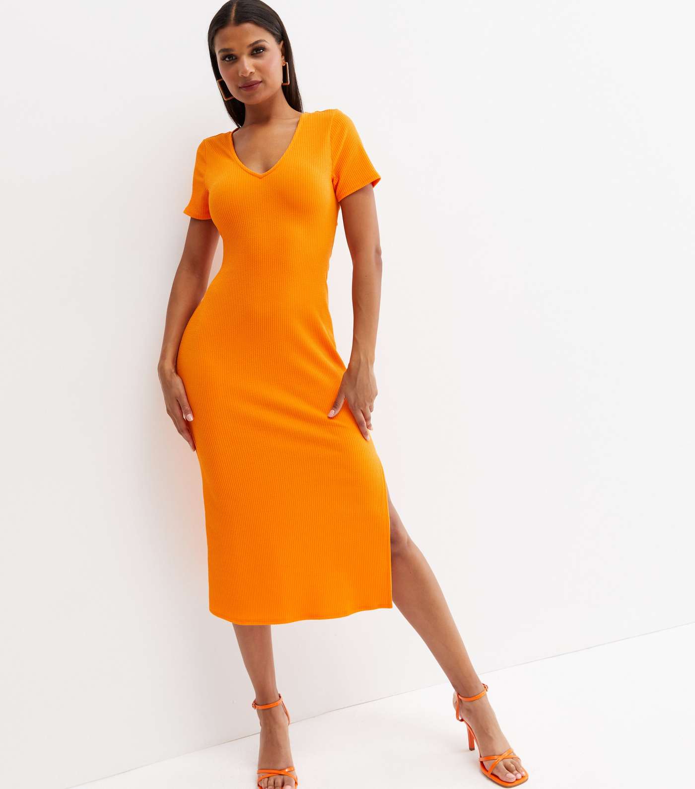 Orange Textured Ribbed Open Back Midi Bodycon Dress Image 3