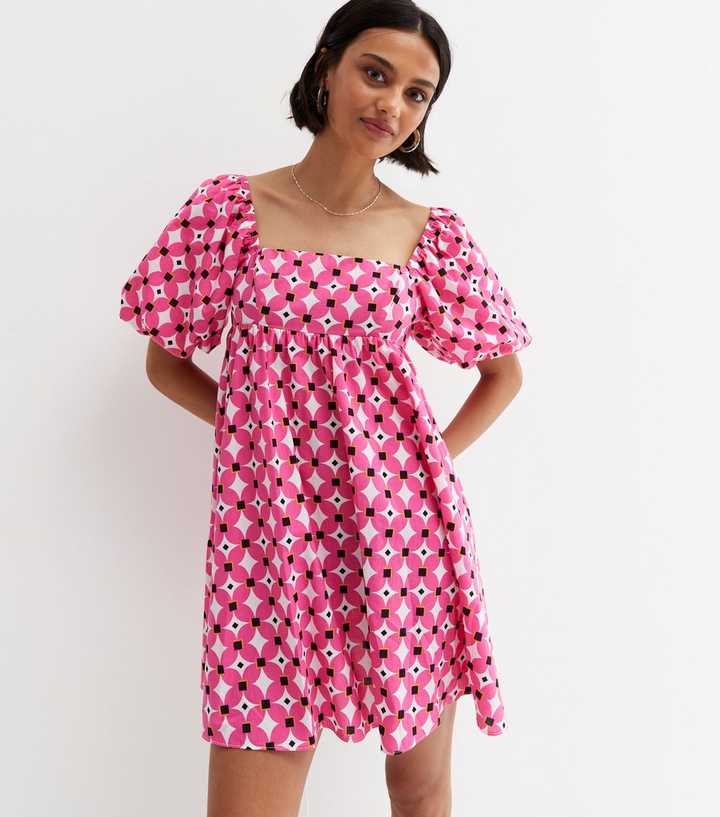 Pink Geometric Square Neck Mini Dress