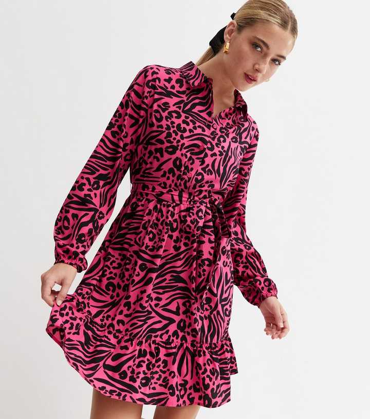 Pink Mixed Animal Print Crepe Mini Shirt Dress