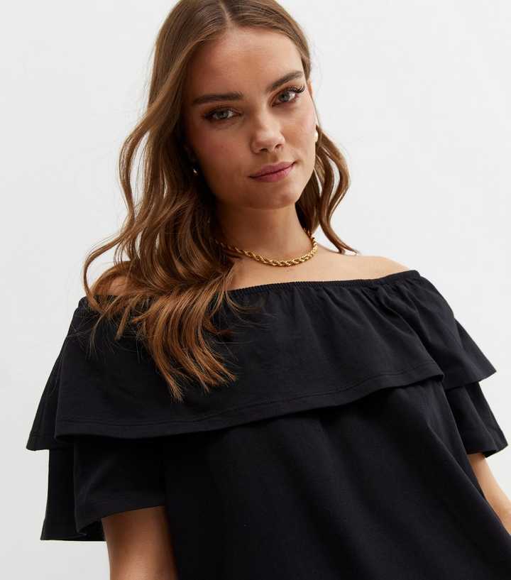 Black Jersey Frill Bardot Mini Dress | New Look