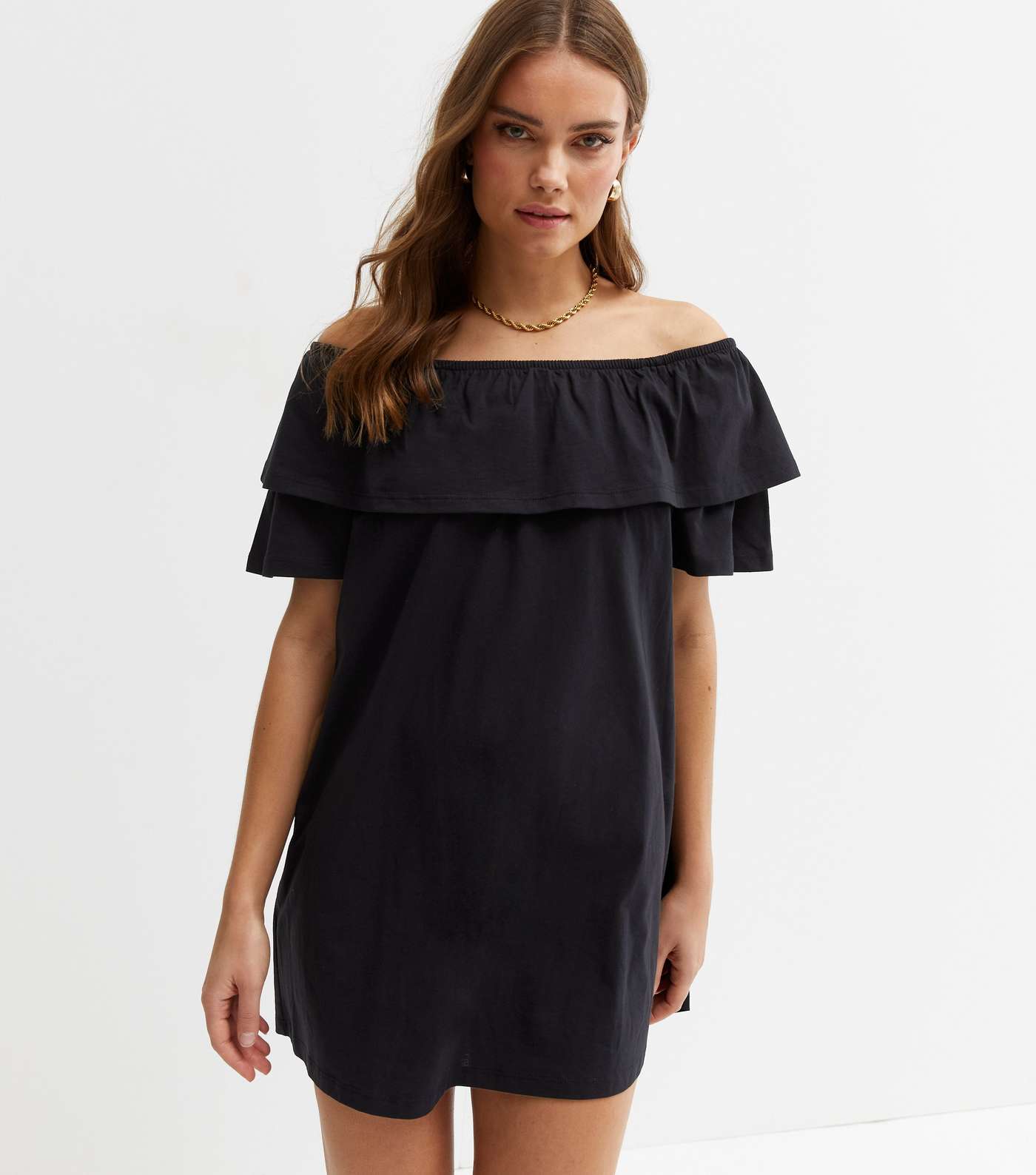 Black Jersey Frill Bardot Mini Dress Image 2