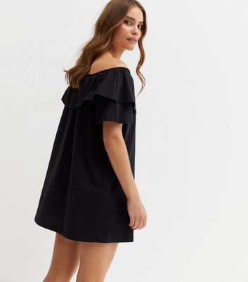 Black Jersey Frill Bardot Mini Dress New Look