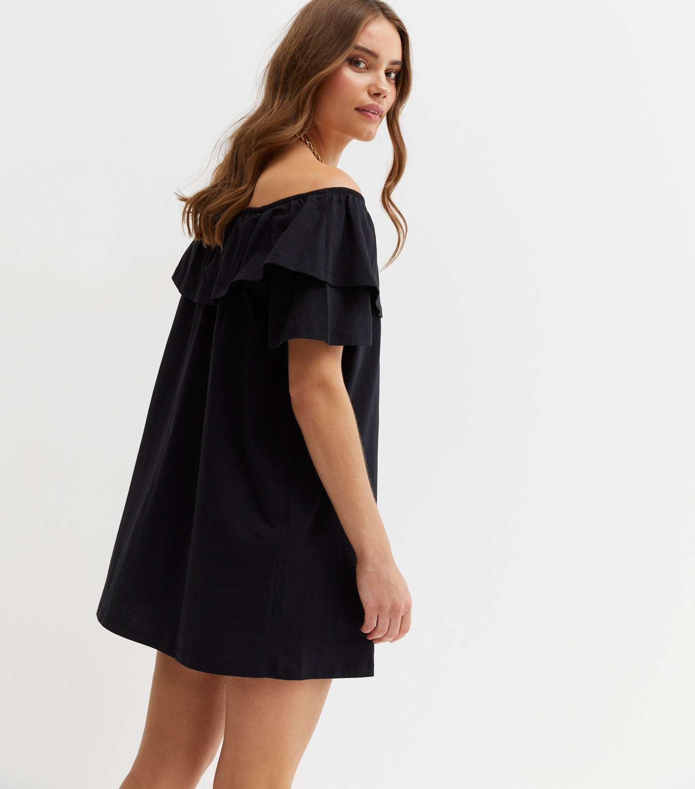 Black Jersey Frill Bardot Mini Dress Image 4
