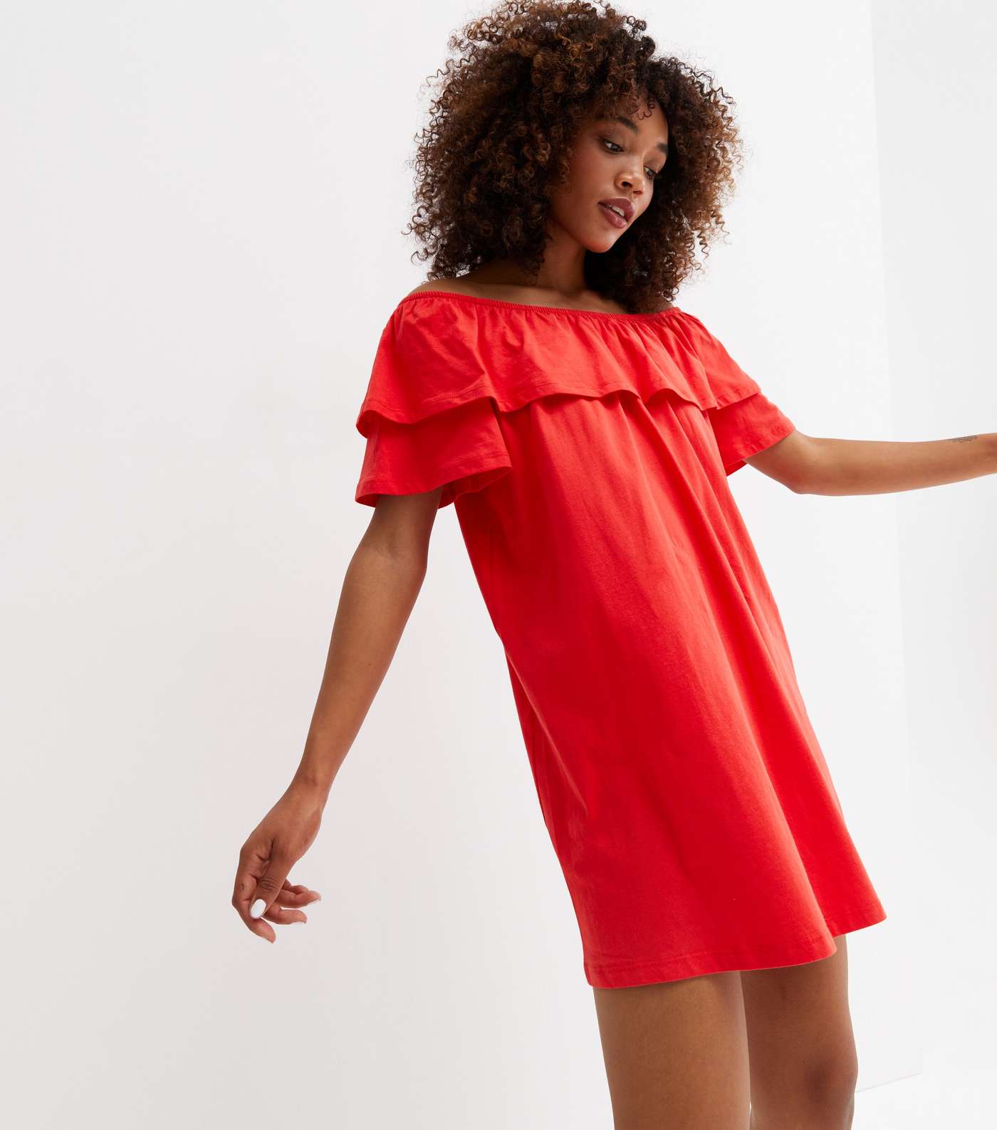 Red Jersey Frill Bardot Mini Dress