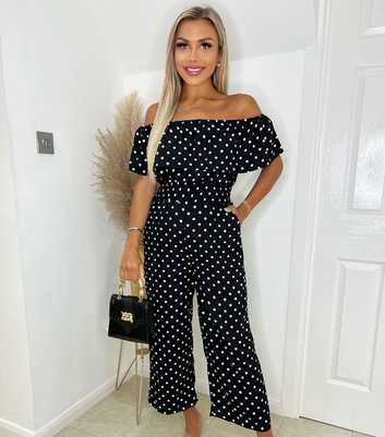 AX Paris Black Polka Dot Shirred Crop Bardot Jumpsuit