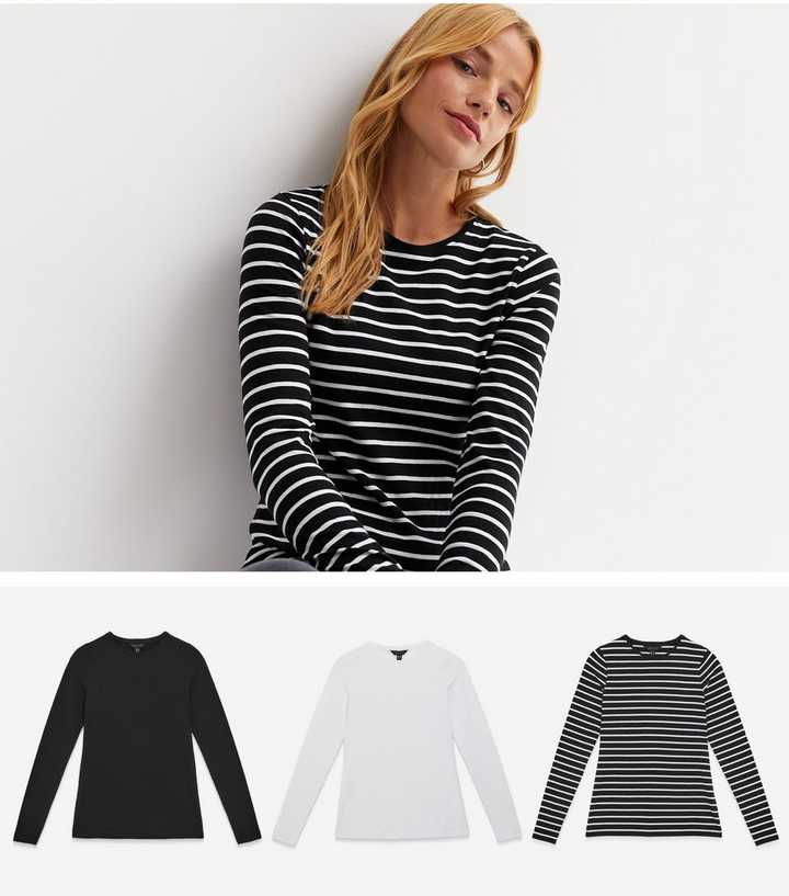 3 Pack Black and White Stripe Long Sleeve T-Shirts