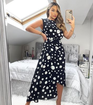 AX Paris Black Spot Ruched Midi Dress 