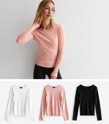 3 Pack Pink and Black White Frill Trim Long Sleeve Tops
