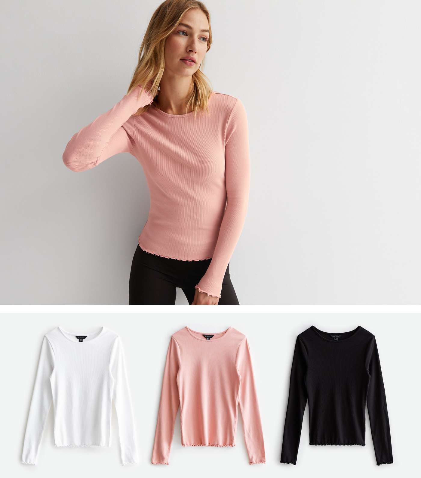 3 Pack Pink and Black White Frill Trim Long Sleeve Tops