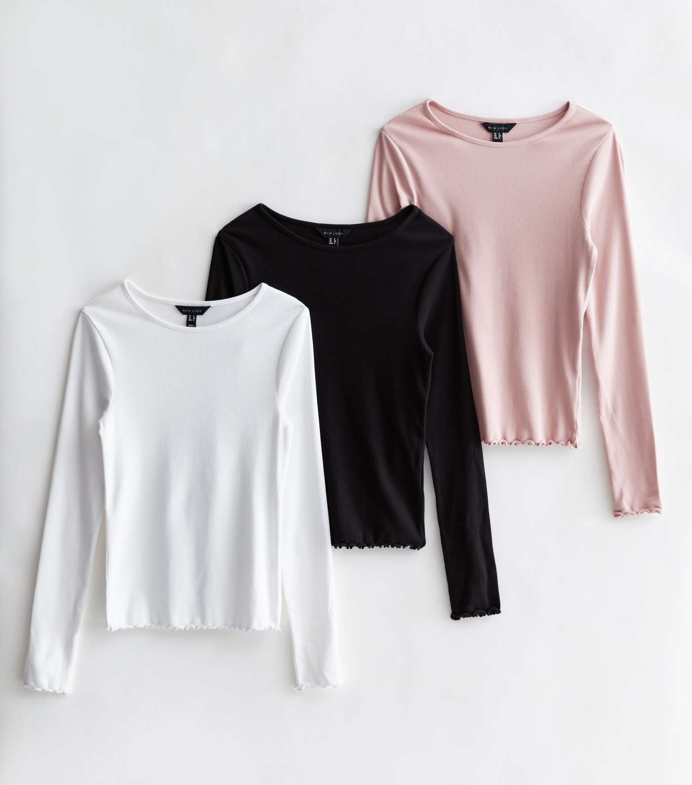 3 Pack Pink and Black White Frill Trim Long Sleeve Tops Image 5