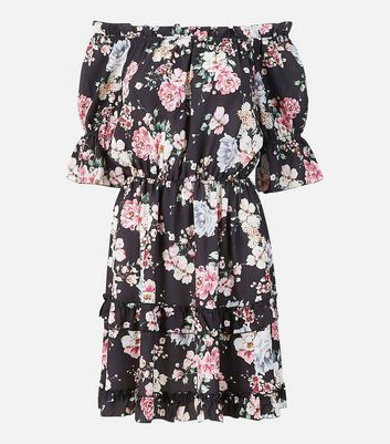 Mela Black Floral Tiered Bardot Mini Skater Dress New Look