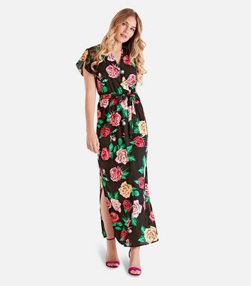 Mela Black Floral Frill Maxi Wrap Dress New Look