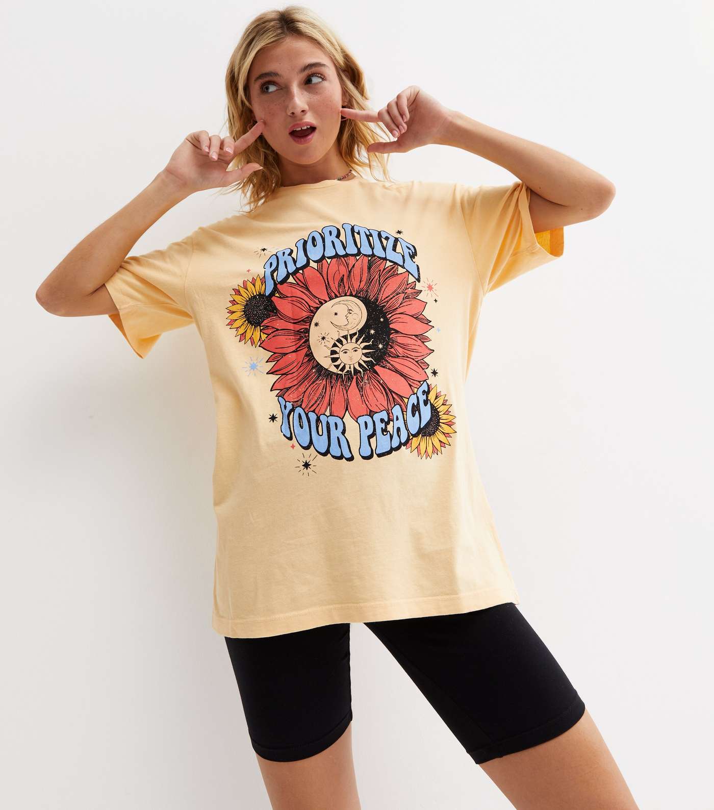 Yellow Prioritize Your Peace Sunshine Logo Oversized T-Shirt Image 3