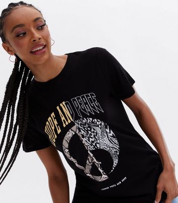 Black Animal Print Peace Logo T Shirt New Look