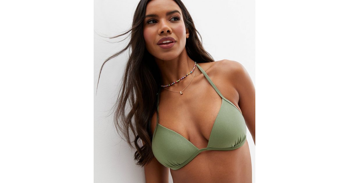 Olive Halter Moulded Triangle Bikini Top
