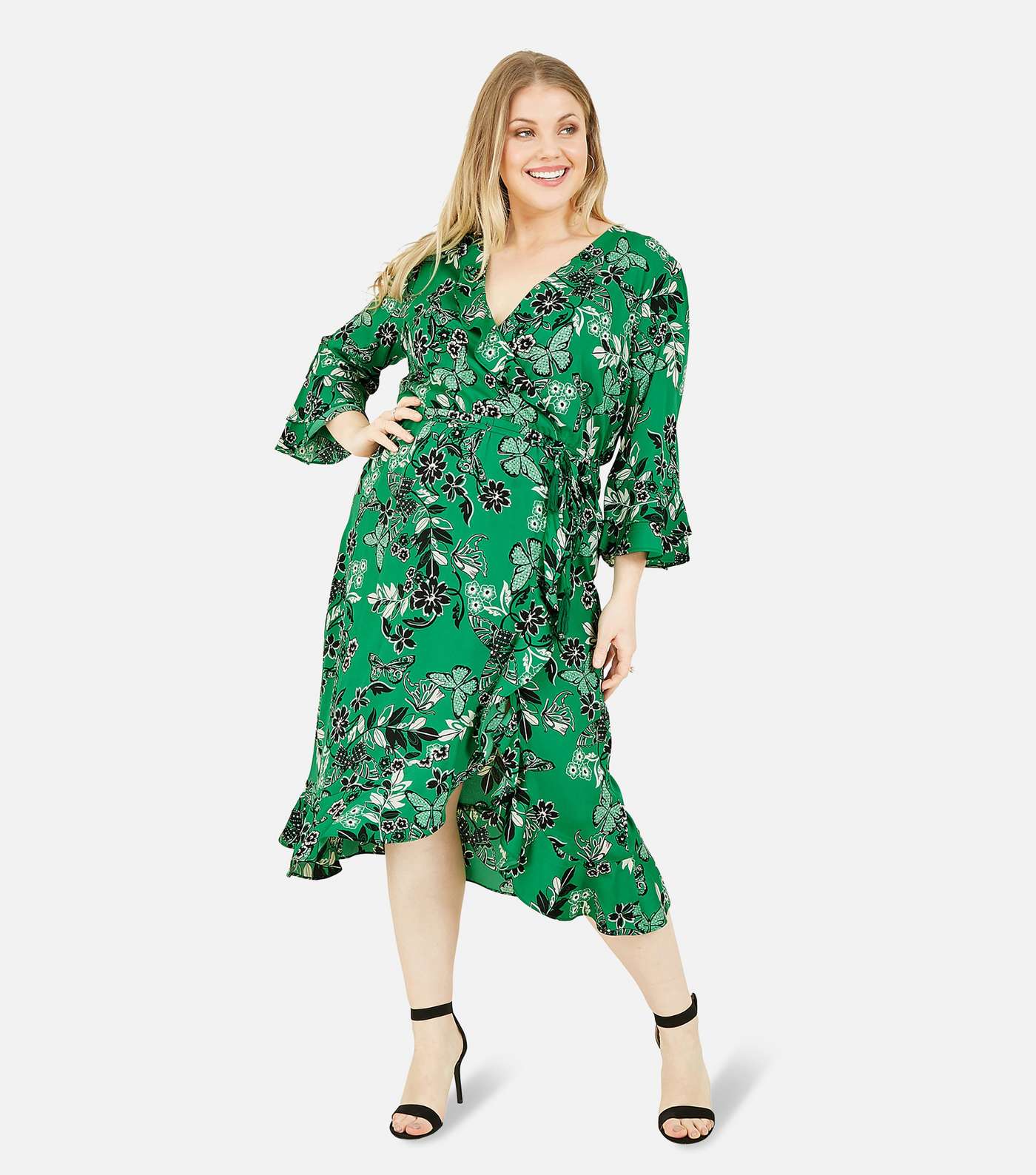 Yumi Curves Green Floral Butterfly Midi Wrap Dress