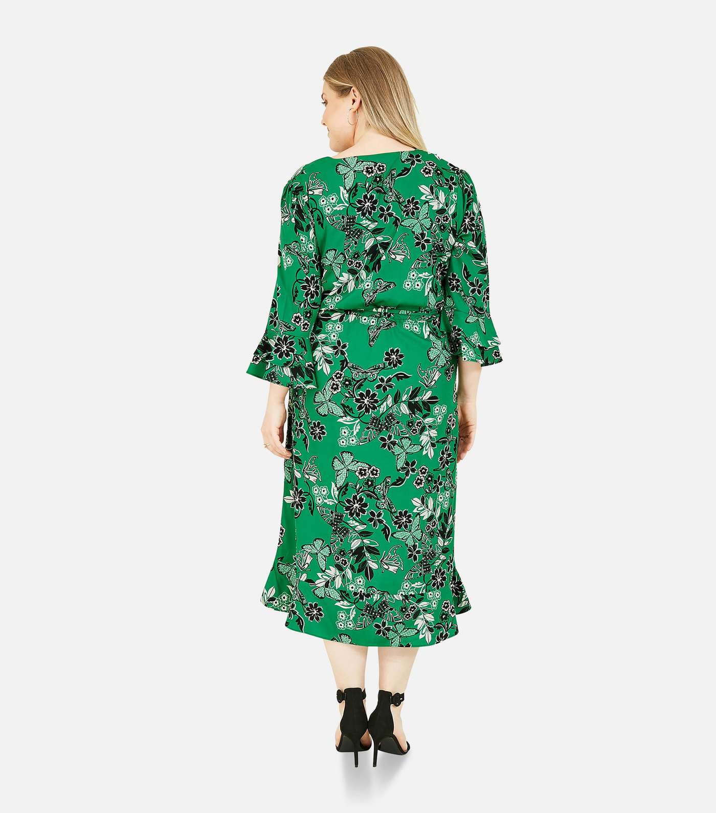Yumi Curves Green Floral Butterfly Midi Wrap Dress Image 3