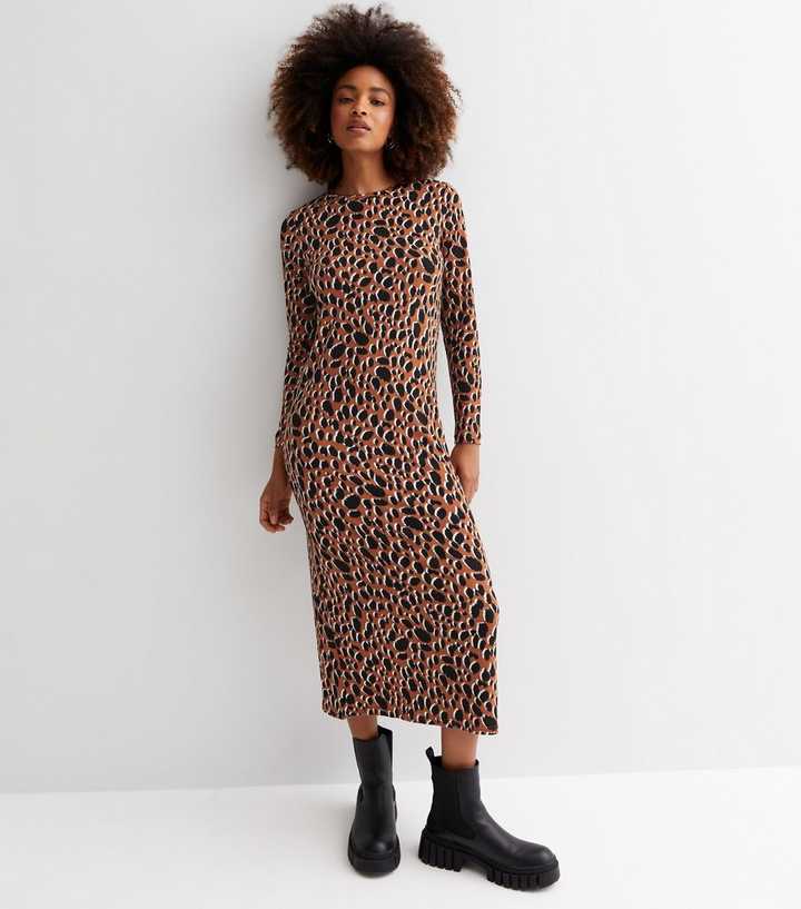 Brown Animal Print Jersey Midi Dress
