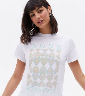 White Heart Love Everyday Logo T Shirt New Look