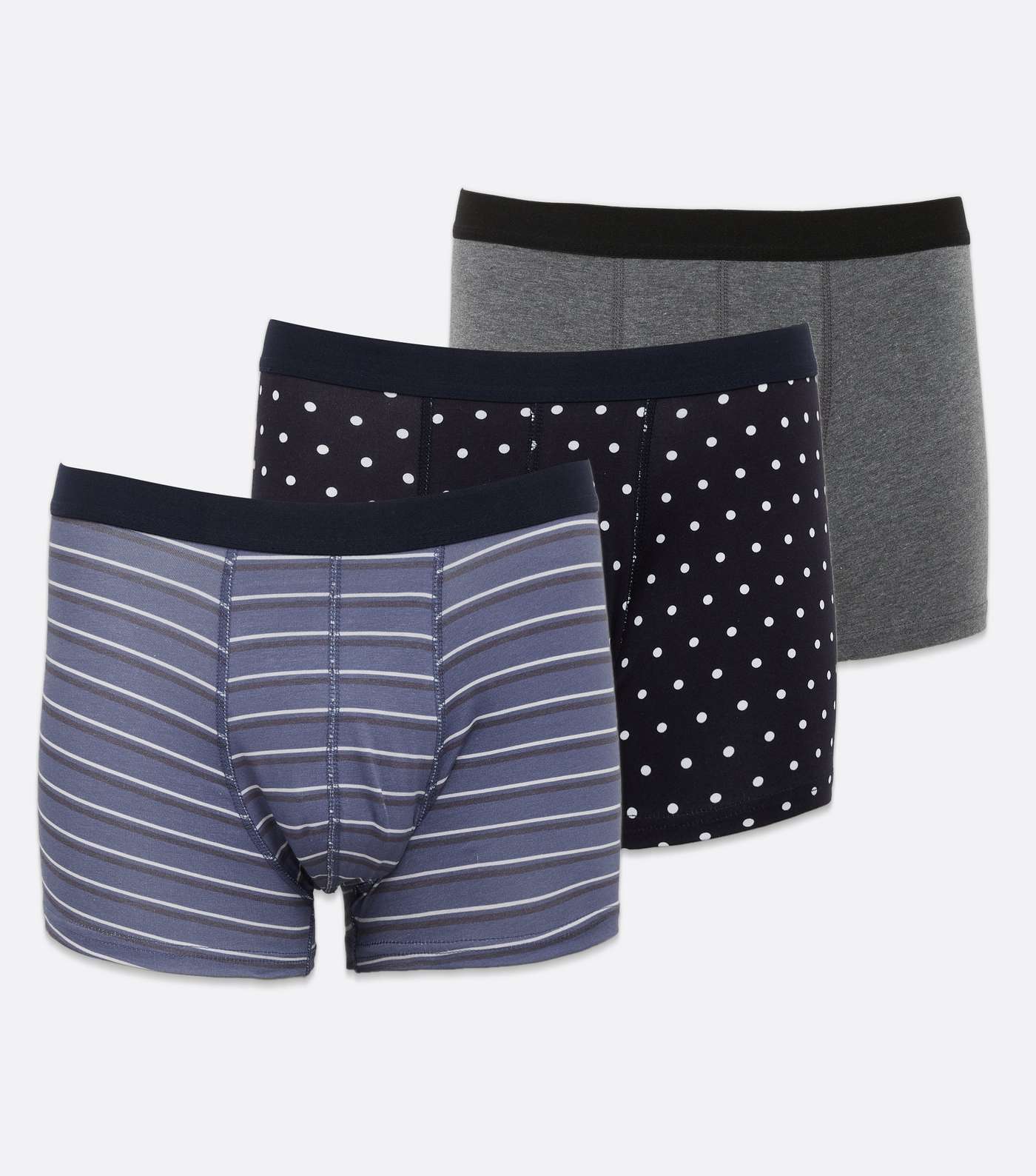 3 Pack Navy Stripe Black Spot and Grey Boxers
