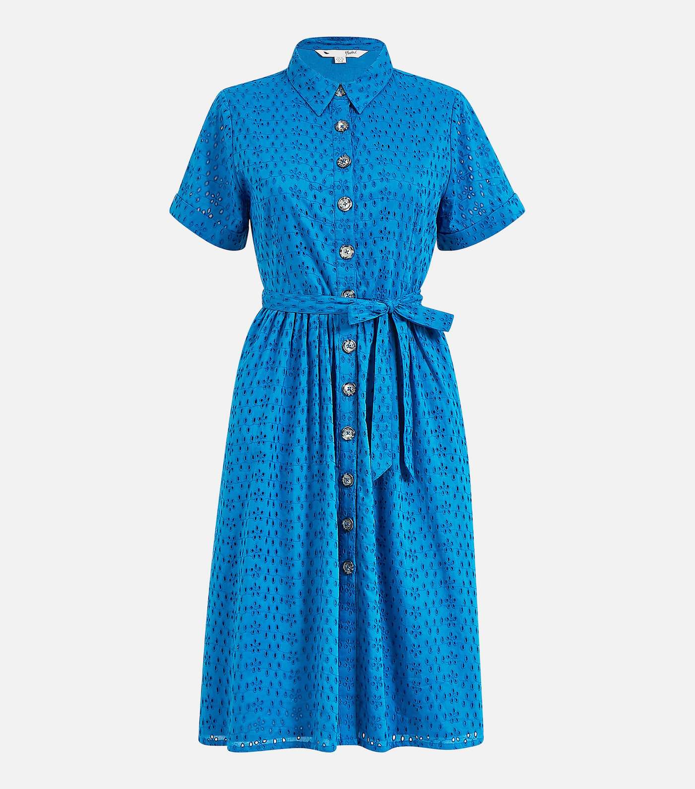 Yumi Blue Broderie Tie Waist Shirt Dress Image 4
