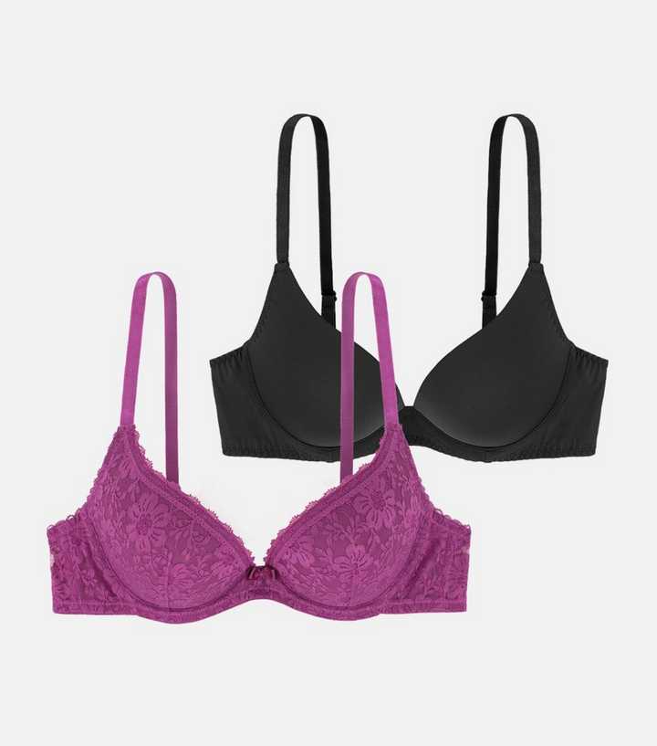 2 Pack DD+ Dark Pink Embroidery Non Padded Bras - Matalan