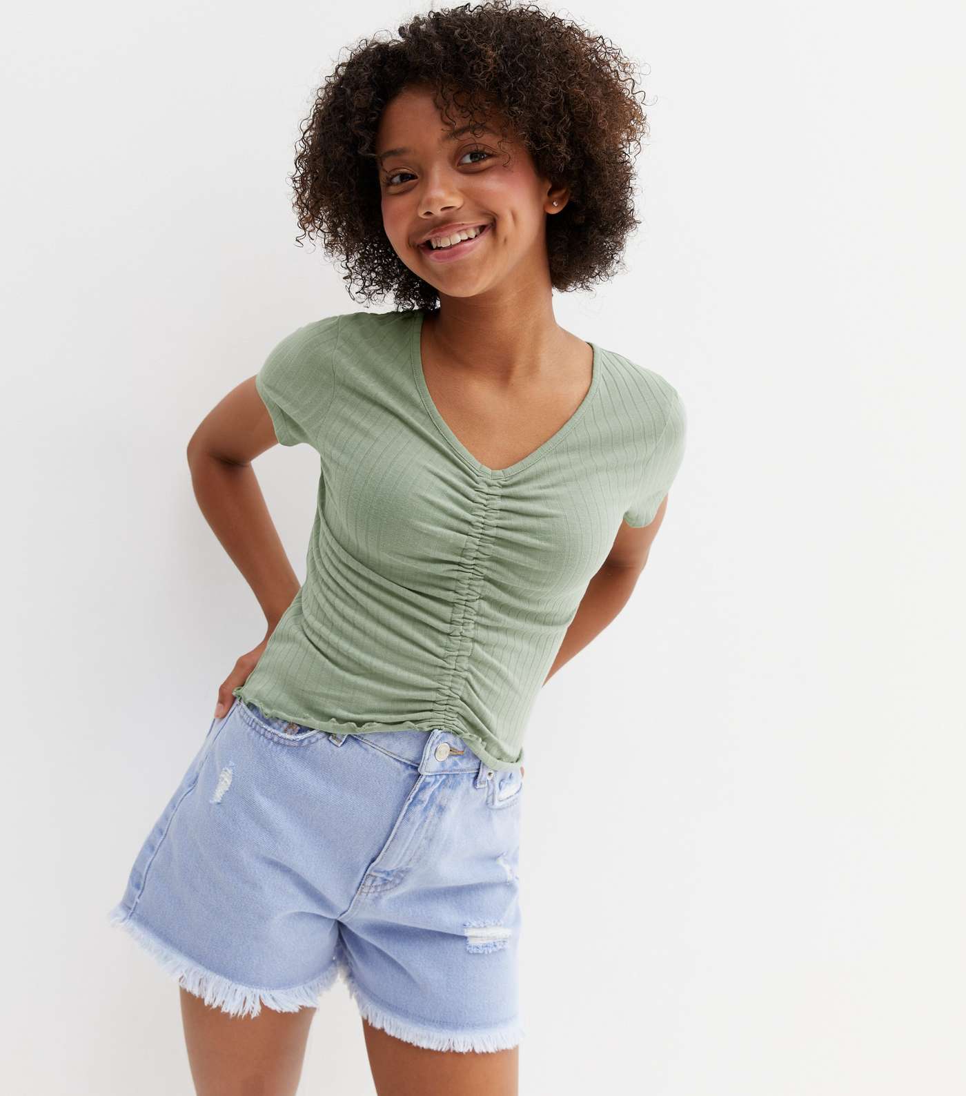 Girls Light Green Ribbed Ruched Frill Hem Top Image 2