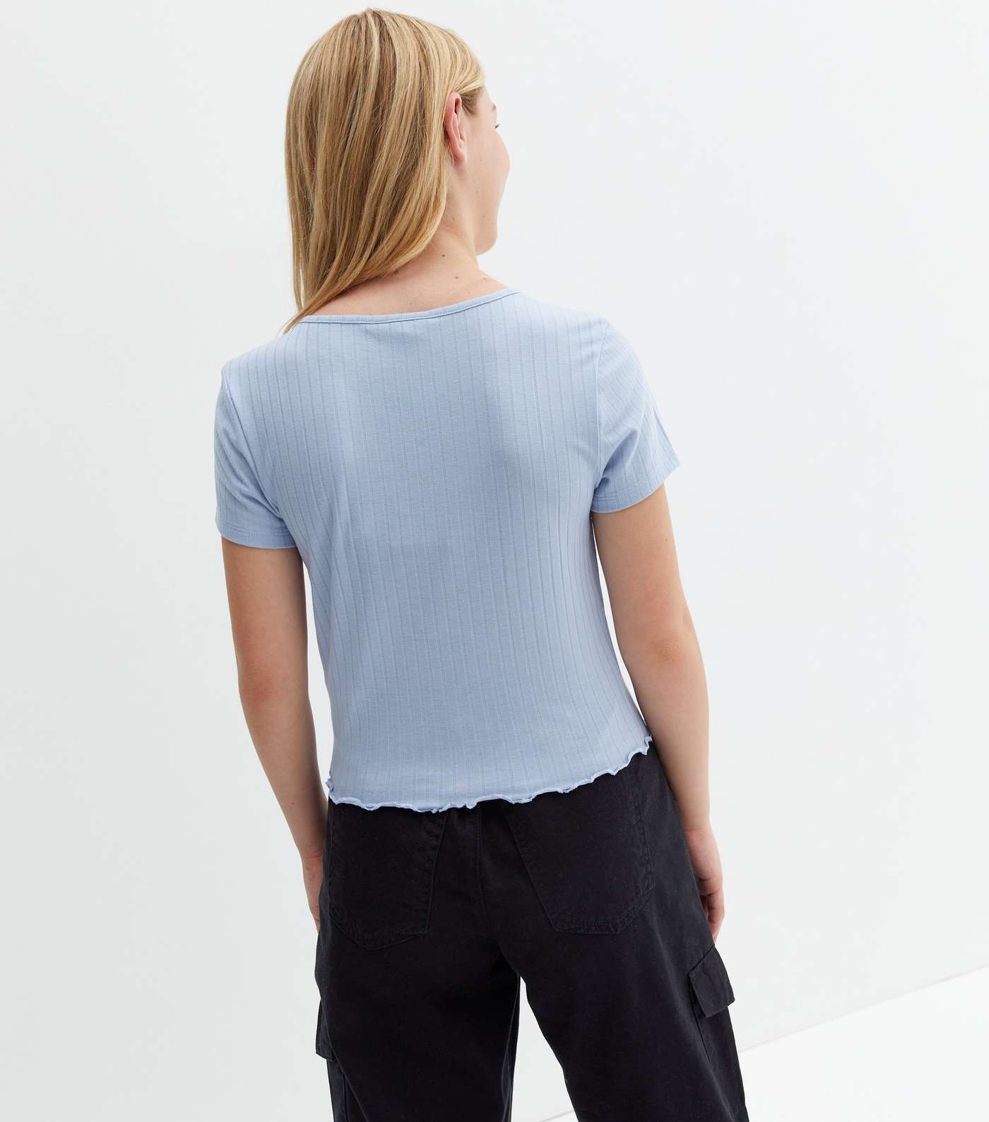 Girls Pale Blue Ribbed Ruched Frill Hem Top Image 4