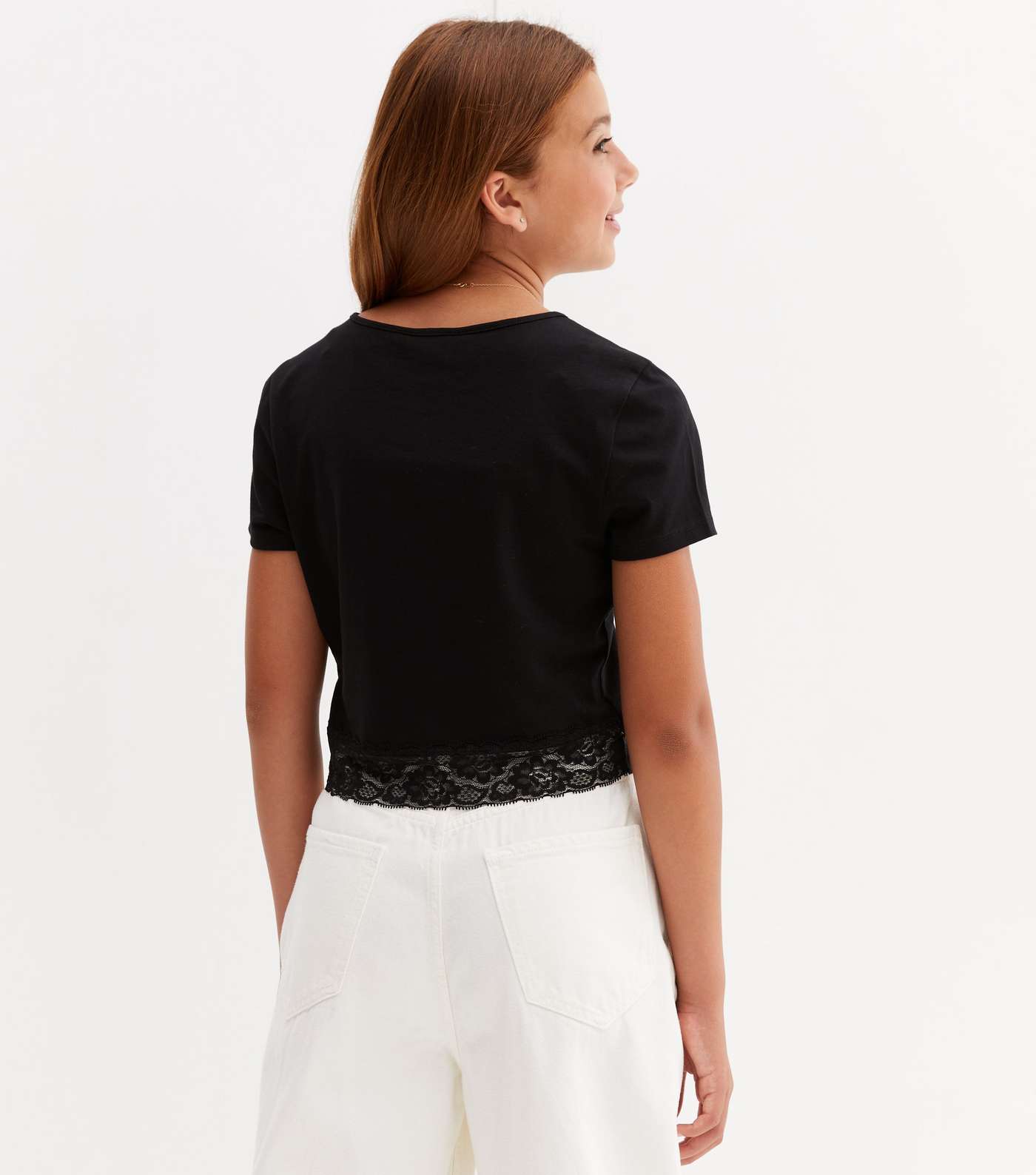 Girls Black Jersey Lace Hem T-Shirt Image 4