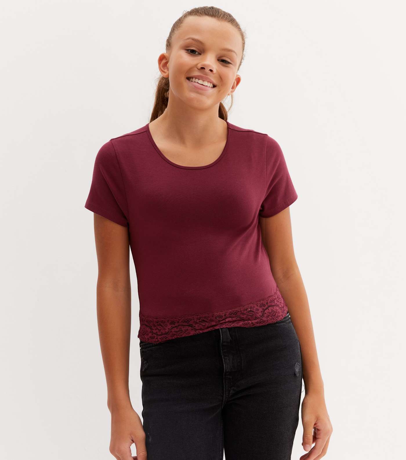 Girls Burgundy Jersey Lace Hem T-Shirt