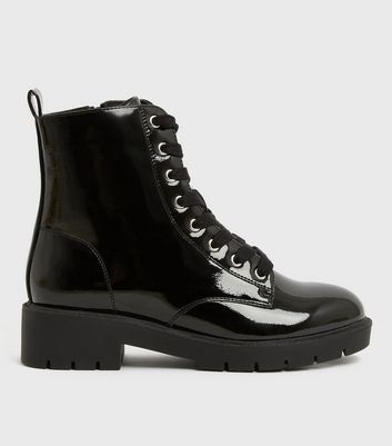 Black Patent Chunky Biker Boots New Look