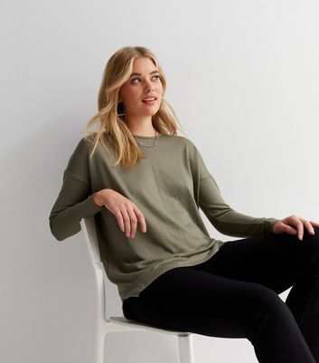 Tall Khaki Fine Knit Crew Neck Long Sleeve Top | New Look