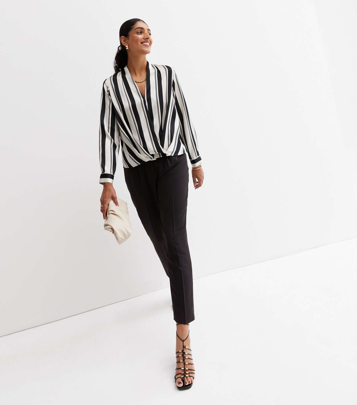 Off White Stripe Long Sleeve Wrap Top Image 2