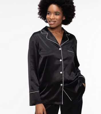 Dorina Black Satin Piped Pyjama Shirt