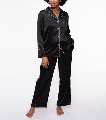 Dorina Black Satin Piped Pyjama Shirt New Look