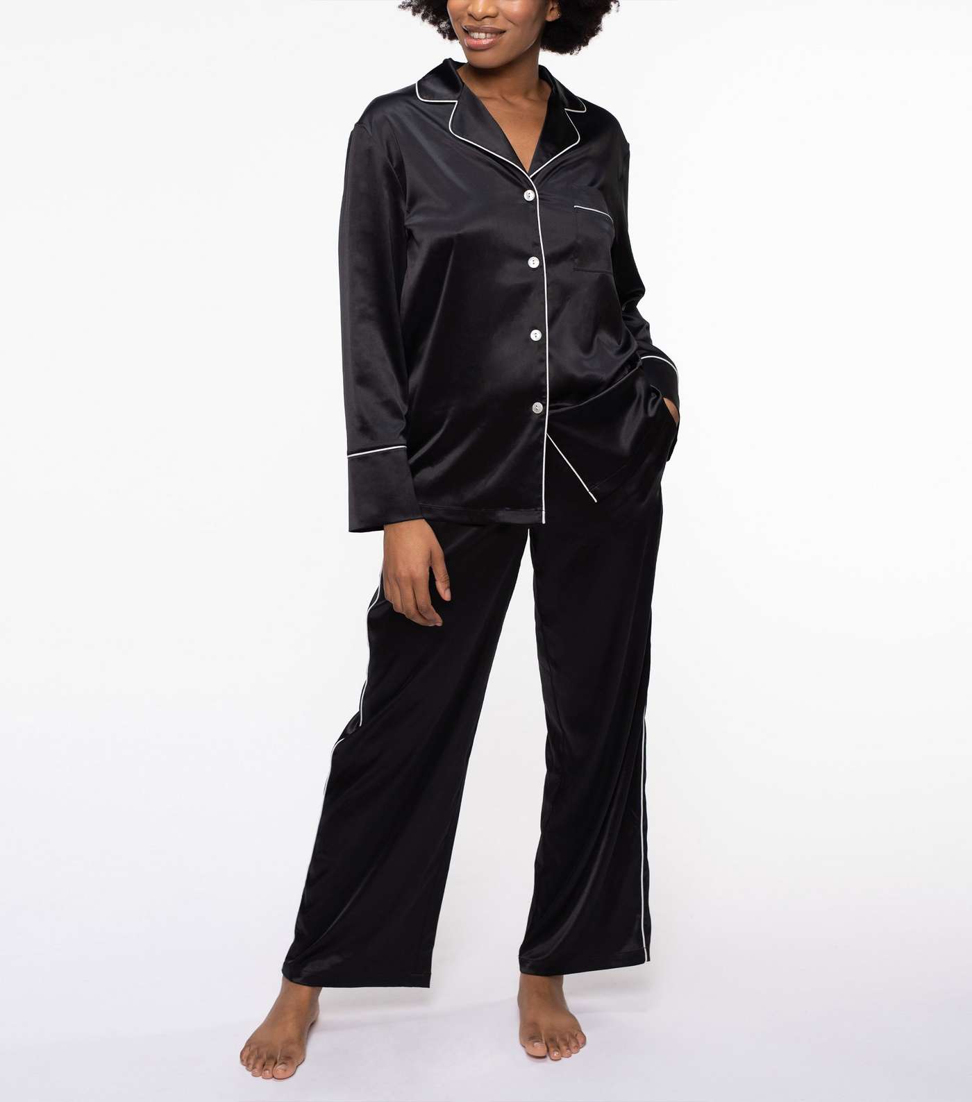 Dorina Black Satin Piped Pyjama Shirt Image 2