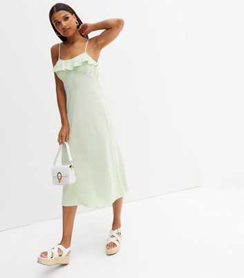 Light Green Linen-Look Frill Neck Midi Slip Dress
