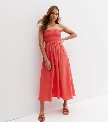 Coral Shirred Frill Bandeau Midi Dress