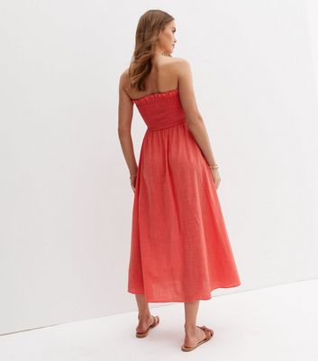 Coral Shirred Frill Bandeau Midi Dress 
