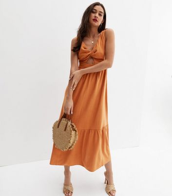 Rust Linen-Look Twist Front Tie Back Midi Dress