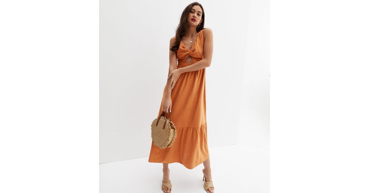 knee length dresses for ladies Threadbare Women's Rust Orange Linen Blend Lace Front Detail T-Shirt Dress main image 1