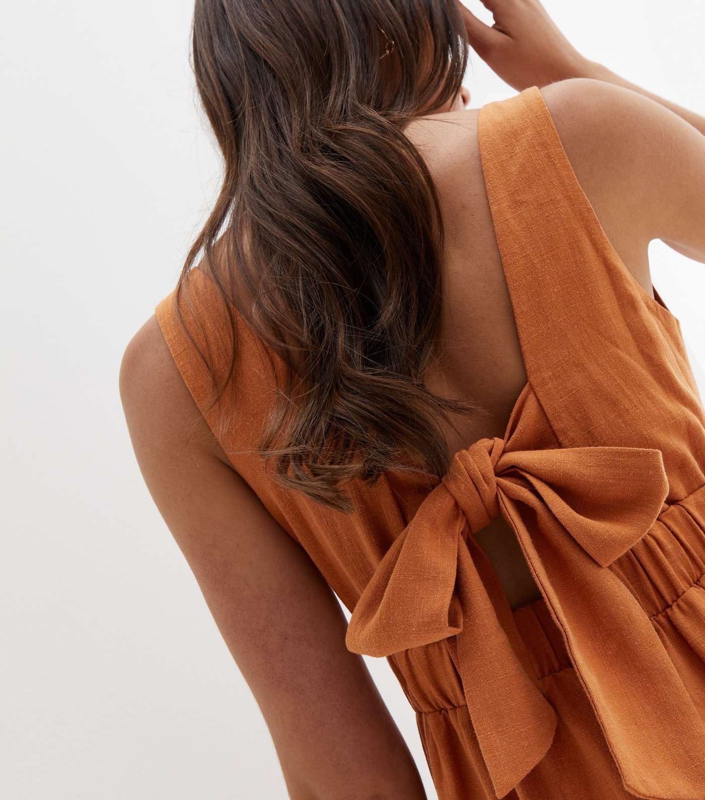 Rust Linen-Look Twist Front Tie Back Midi Dress Image 3